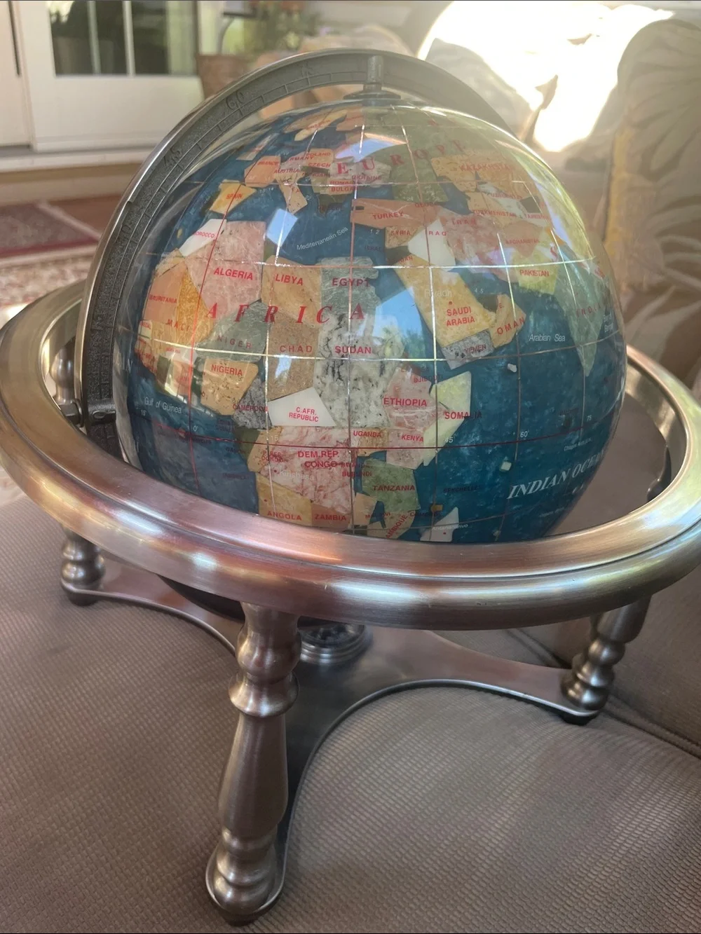 Unique Semi Precious Stones Revolving Globe on Silver Stand